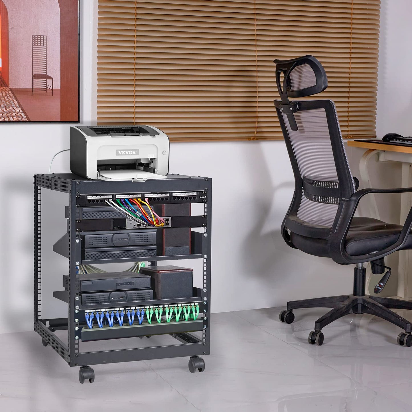 VEVOR 12U Open Frame Server Rack, 23''-40'' Adjustable Depth, Free Standing or Wall Mount Network Server Rack, 4 Post AV Rack with Casters, Holds All Your Networking IT Equipment AV Gear Router Modem