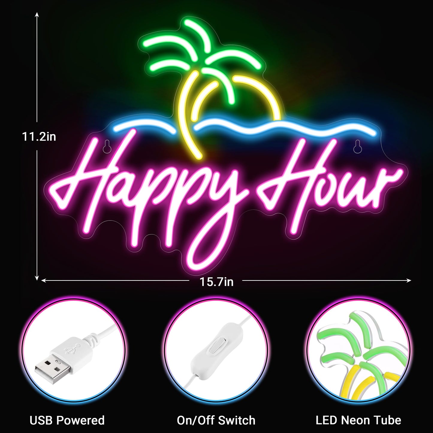 Kavaas Happy Hour Neon Sign 15.7" x 11.2", Palm Tree Neon Bar Signs for Home Bar Man Cave Club Pub Party - Best Gifts for Husband, Father, Birthday, Christmas