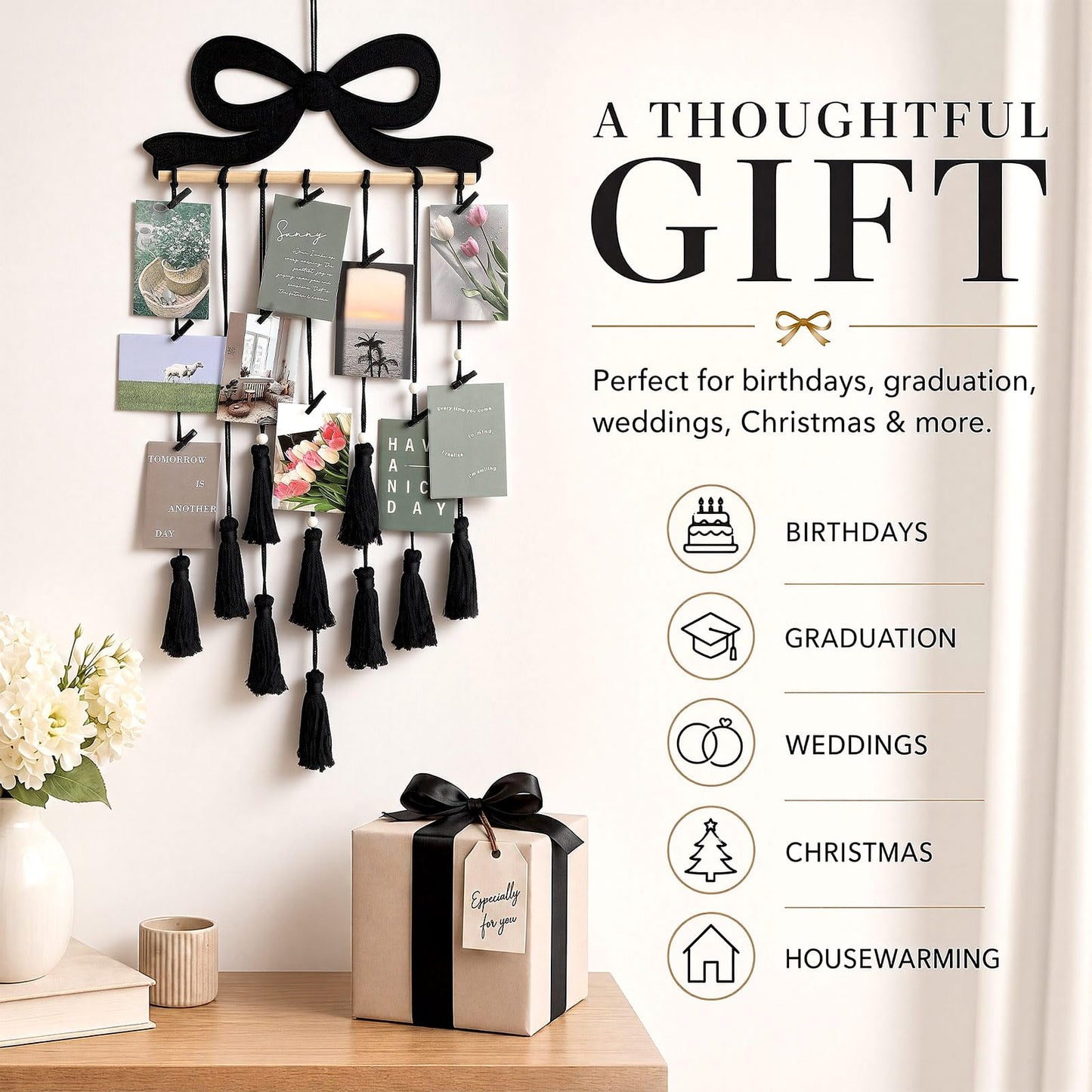 Fiwochic Black Bow Hanging Photo Display Wall Decor Black Macrame Wall Hanging Coquette Picture Frame Collage Holder with 30 Clips for Room Bedroom Graduation Wedding Christmas Coquette Party Decor