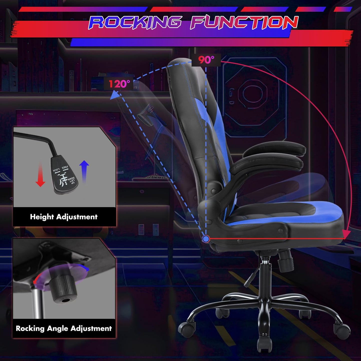 Sweetcrispy Computer Gaming Desk Chair - Ergonomic Office Executive Adjustable Swivel Task PU Leather Racing Chair with Flip-up Armrest for Adults, Kids, Men, Girls, Gamer, Black Blue