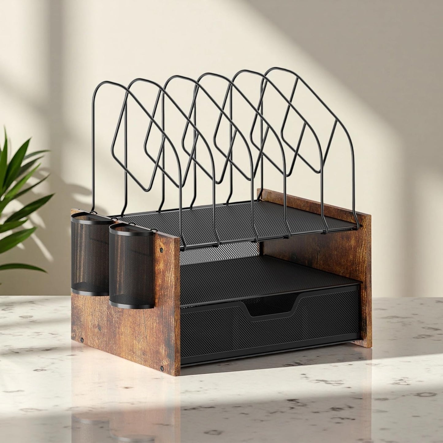 Boershun Wood Desk Organizer - 2-Tier Desktop File Organizer with Drawer with Vertical File Holder, Wooden Paper Tray, Office Desk Organzier and Accessories for Papers, Mail, Notebooks, Stationery