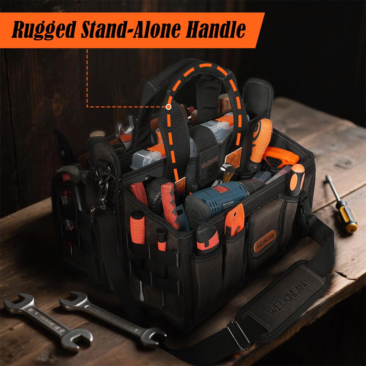 WELKINLAND 20-Pockets Electrician Tool Tote, 16"-Wide Open Top Tool Tote, Waxed-Canvas Electrical Tools Bag, Heavy-Duty Tool Bags For HVAC Tech, Stay-Up Technician Tool Bag