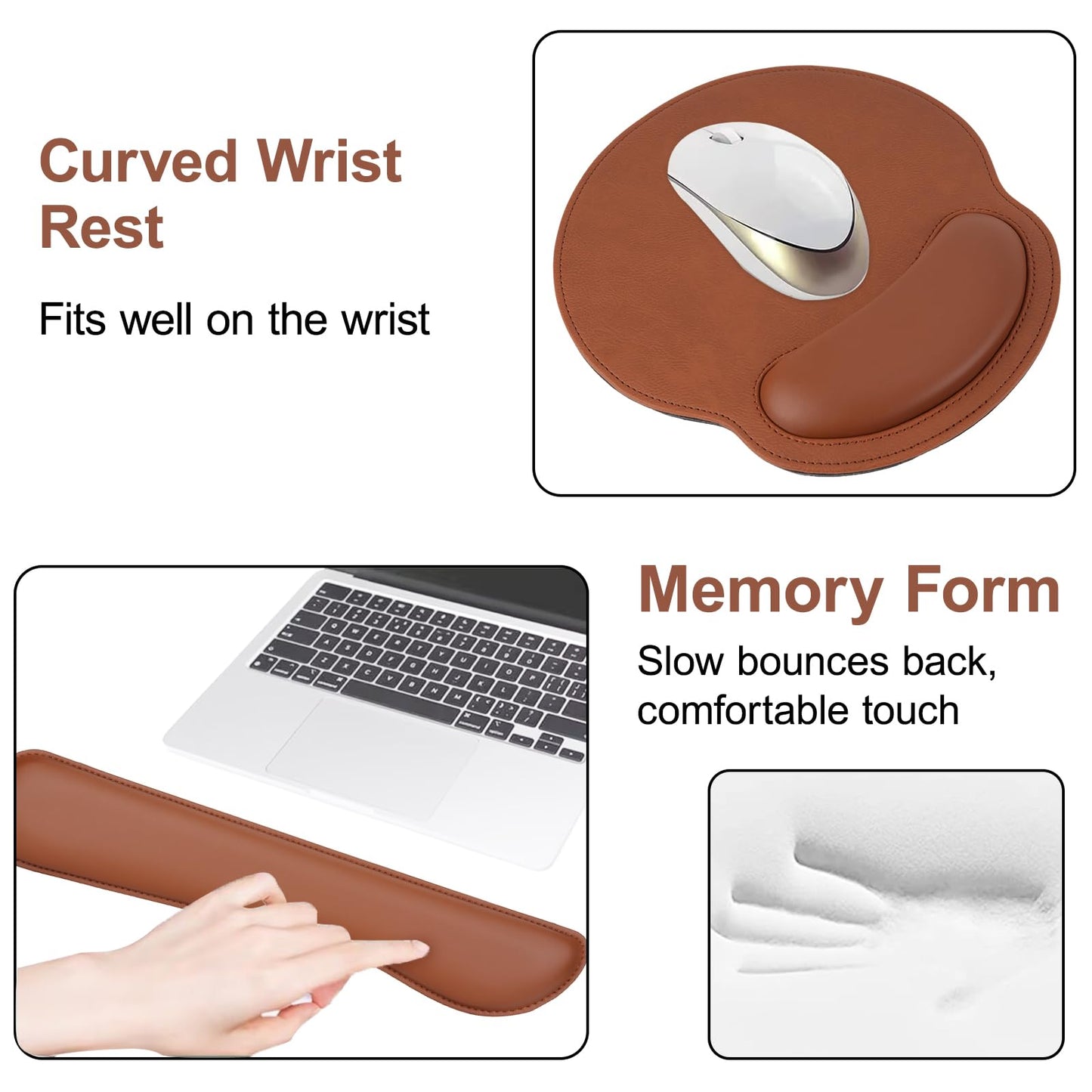 MOSISO Wrist Rest Support for Mouse Pad & Keyboard Set, Ergonomic PU Leather Keyboard and Mousepad with Wrist Rest&Coaster Non-Slip Base Home/Office Easy Typing Cushion with Raised Memory Foam, Brown