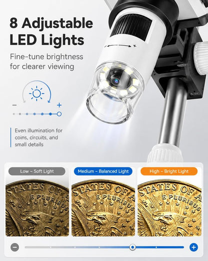 Digital Coin Microscope 1000X, 4.3" LCD Coin Magnifier with Screen for Error Coins, 1080P USB Microscope with 8 Adjustable LED Lights, Photo & Video, Built-in Storage, Compatible with Windows/MacOS