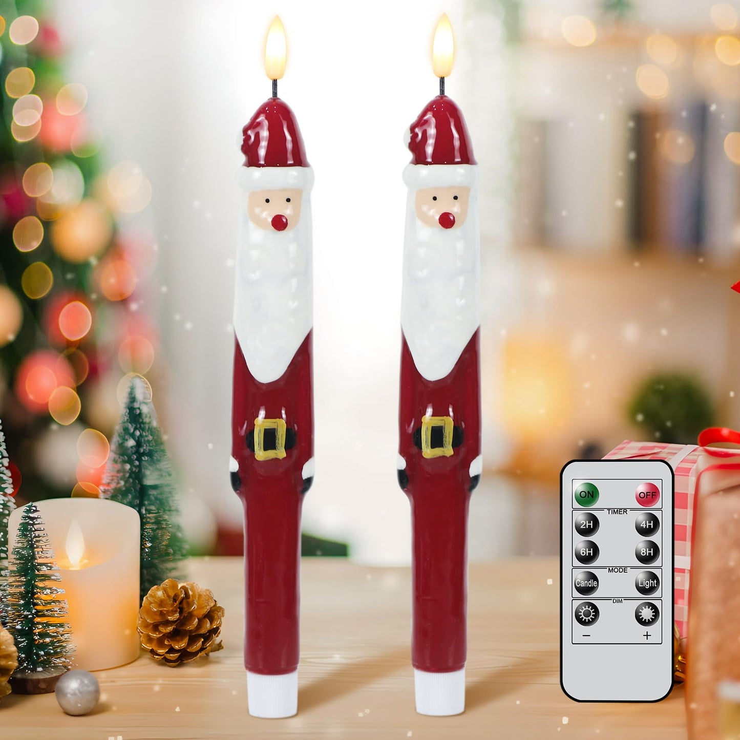 Lasumora Christmas Flameless Taper Candles with 6H Timer, 2 Pcs Hand-Painted Santa Claus Sculpture Shape LED Candlesticks with 3D Flickering Flame for Home Décor Christmas Gifts