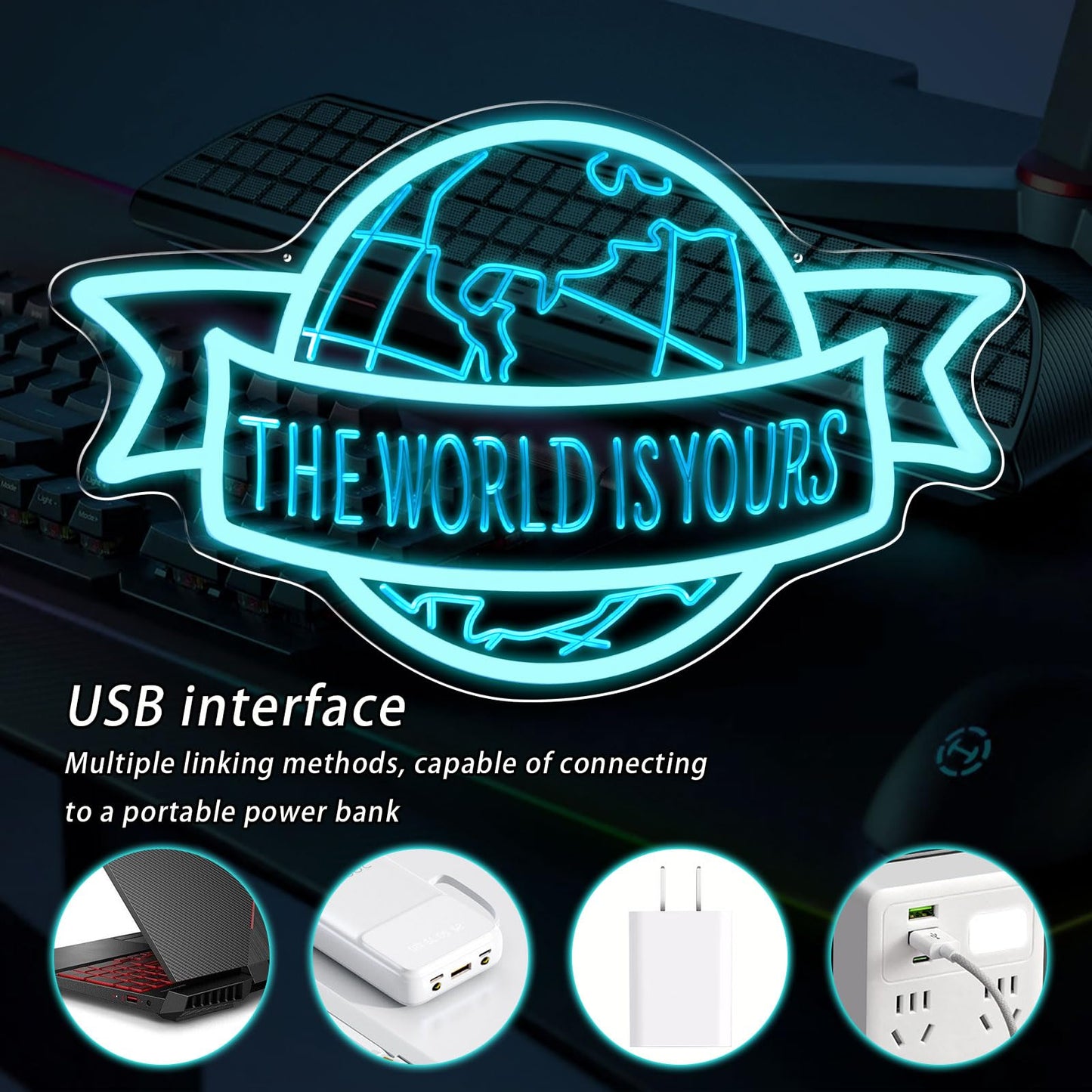 The World Is Yours Neon Sign Motivational Blue LED Neon Light for Classroom, Bedroom Man Cave Wall Decor Dimmable, Unique Birthday Christmas Gift for Kids, Teens, Adults