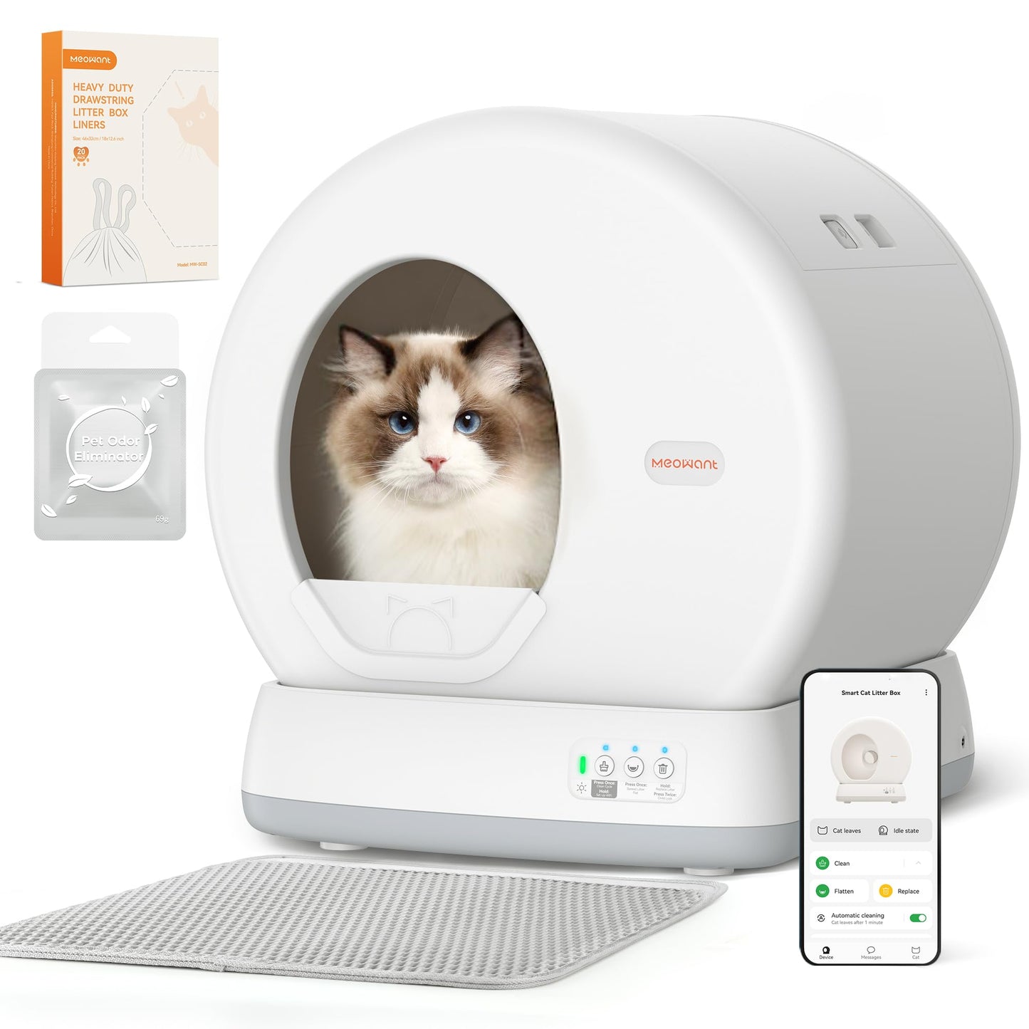 MeoWant Self-Cleaning Cat Litter Box, Integrated Safety Protection Automatic Cat Litter Box for Multi Cats, Extra Large/Odor Removal/APP Control Smart Cat Litter Box with Mat & Liner