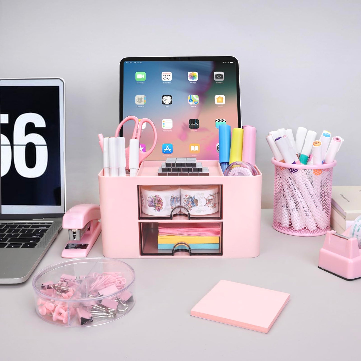Pink Desk Organizers and Accessories 12+1Pcs, Office Supplies for Desk, Pen Organizer with 2 Drawers with Stapler,1000 Staples, Phone Holder, Tape Dispenser, Pen Holder, Sticky Note, Clips, Ruler,Etc