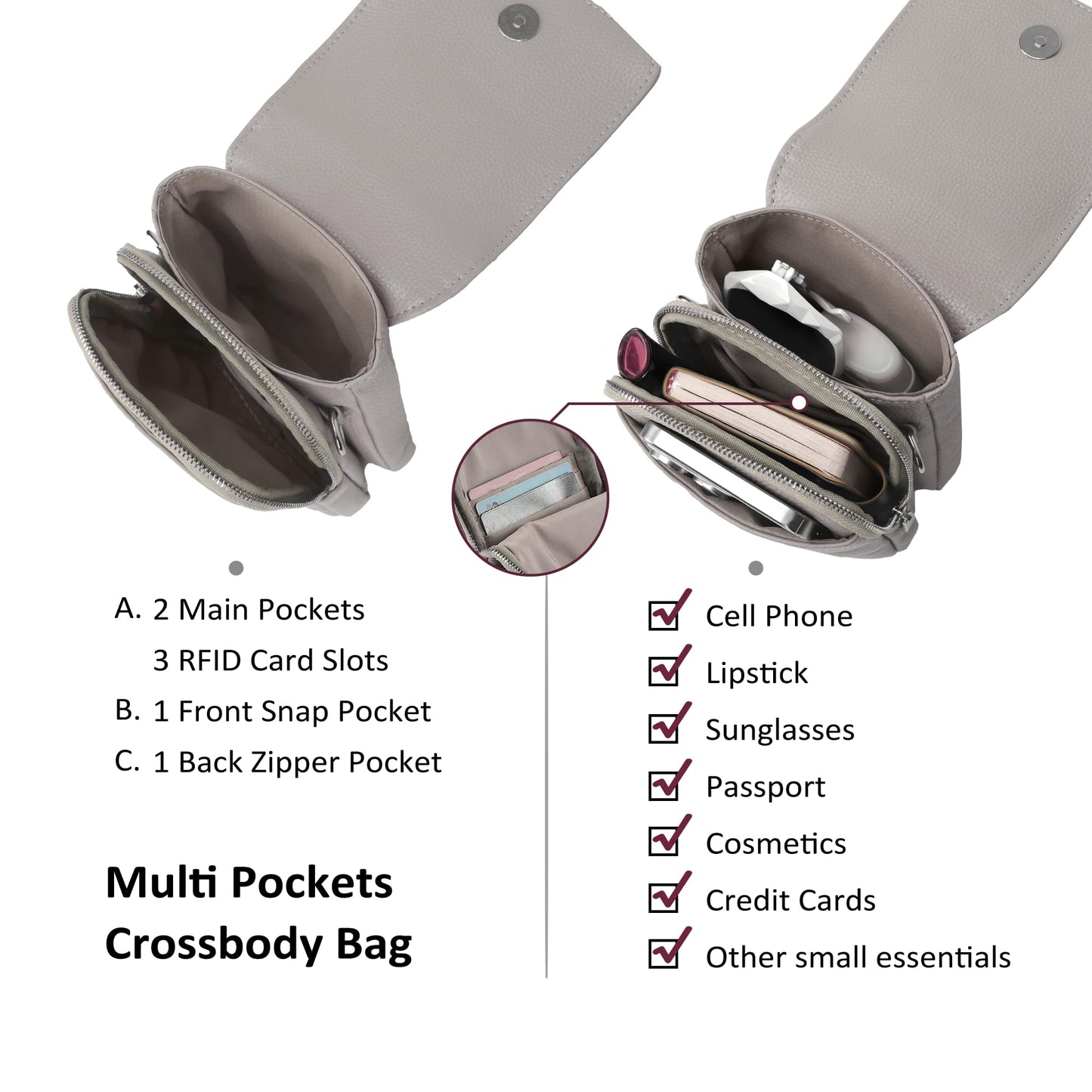 befen Real Leather Small Cell Phone Crossbody Bags for Women, Women's Shoulder Purse Handbags with RFID Blocking Wallet Beige Grey