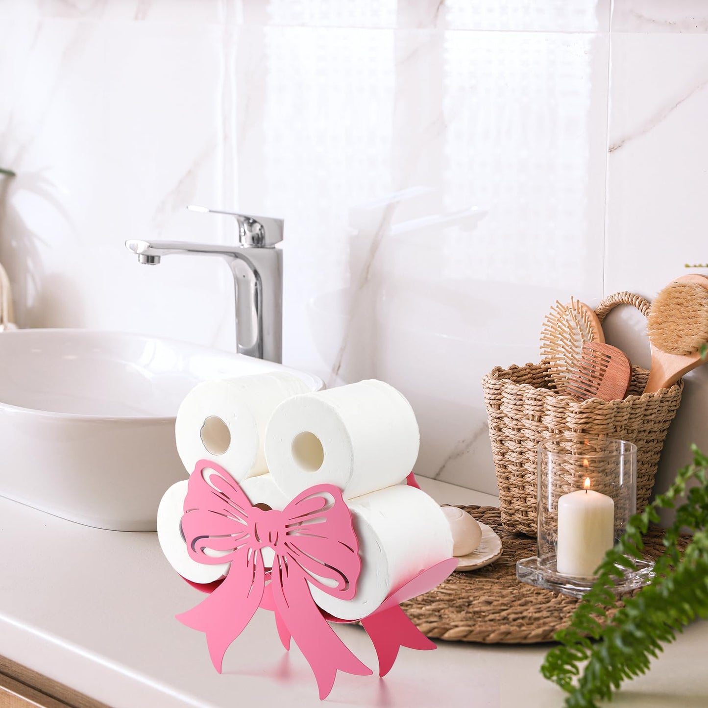 Geelin Bow Metal Toilet Paper Storage Holder Wedding Bow Bathroom Decor 8 Rolls Decorative Toilets Paper Holder Wall Mounted for Bathroom Kitchen Bedroom Coquette Home Decor(Pink)