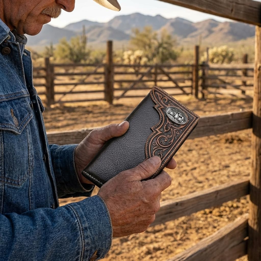 Western Stakes Men's Long Leather Wallet – Western Tooled Bifold Checkbook Organizer with Cowboy Concho (Cowboy Praying, Brown)