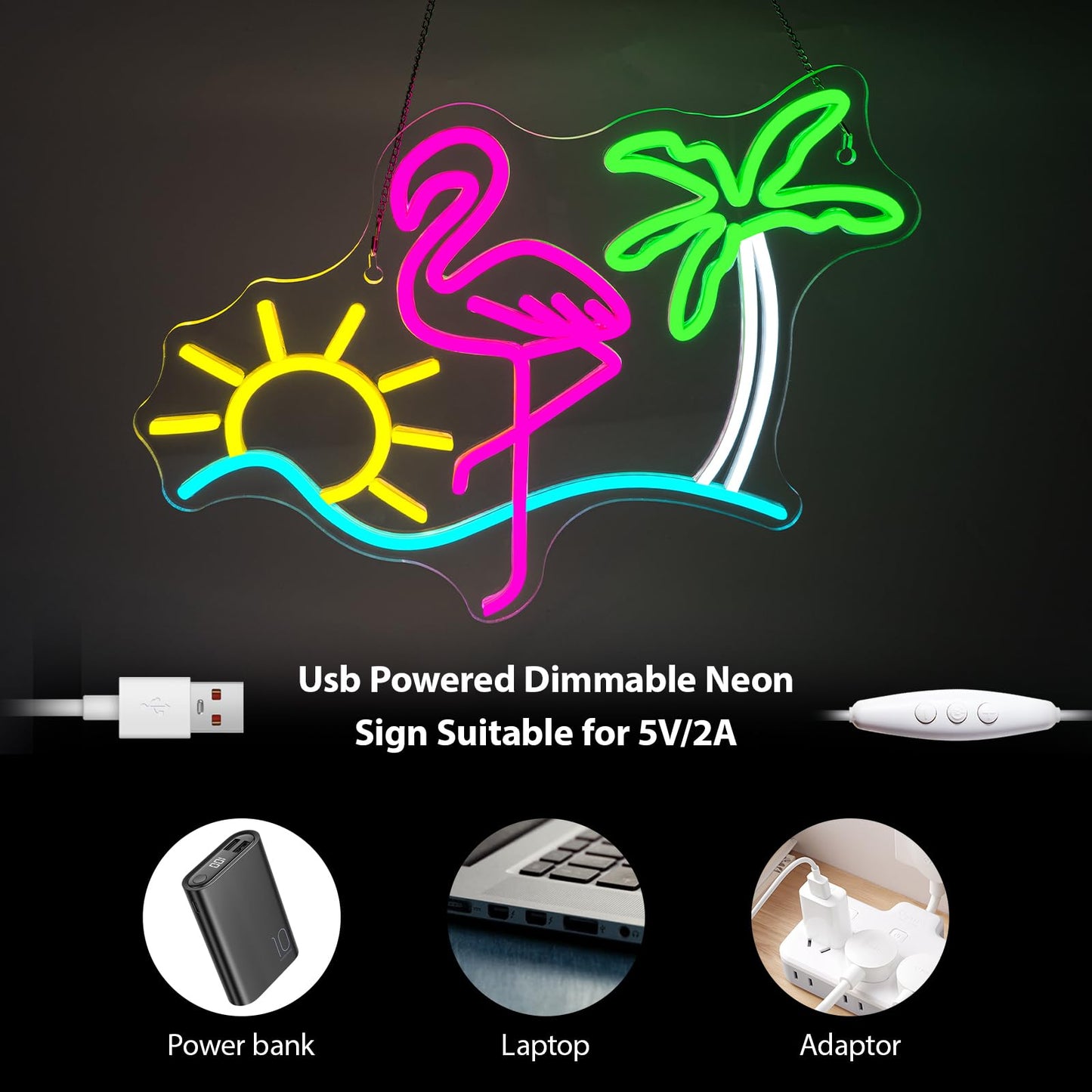 Flamingo Sun Palm Tree Neon Signs for Wall Decor Funny Dimmable LED Neon Light Sign USB Powered for Home Bar Cart Summer Beach Restaurant Man Cave Decor Beer Cafe Bistro Club Party