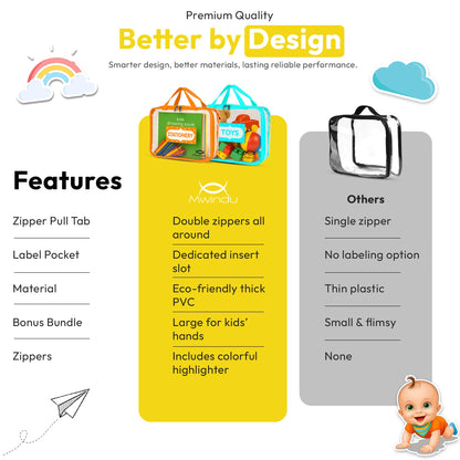 6 Pack Extra Large Toy Storage Bags with Labels – Clear Waterproof Reusable Organizer Bags with Zipper & Handles for Playroom, Kids Room, Books, Puzzles & Games