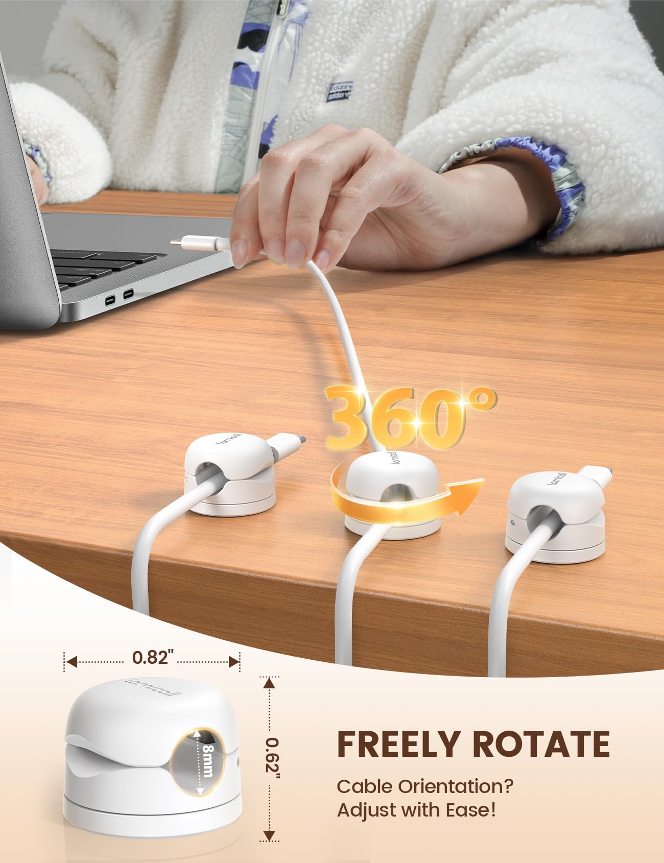 Lamicall 6Pack Rotatable Cord Organizer Cable Clips - [1s Lock] Spring Cord Holder, Desk Phone Charger Cable Management, Wire Keeper for Nightstand, Office Accessories & Christmas Home Organizers