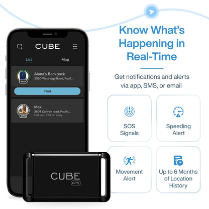Cube GPS Tracker for Vehicles Assets Kids, Mini GPS Trackers for Dogs, Car Tracker Device: Real Time Worldwide Location SOS Pings Geo-Fencing + Rechargeable Battery Requires Subscription
