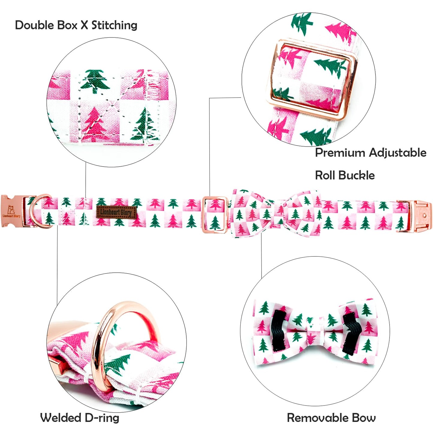 Lionheart glory Christmas Dog Bow Collar - Christmas Tree Pink Checkerboard Dog Collars with Bowtie Soft Sturdy Adjustable Girl Collars for Medium Dogs Cute Pet Collar