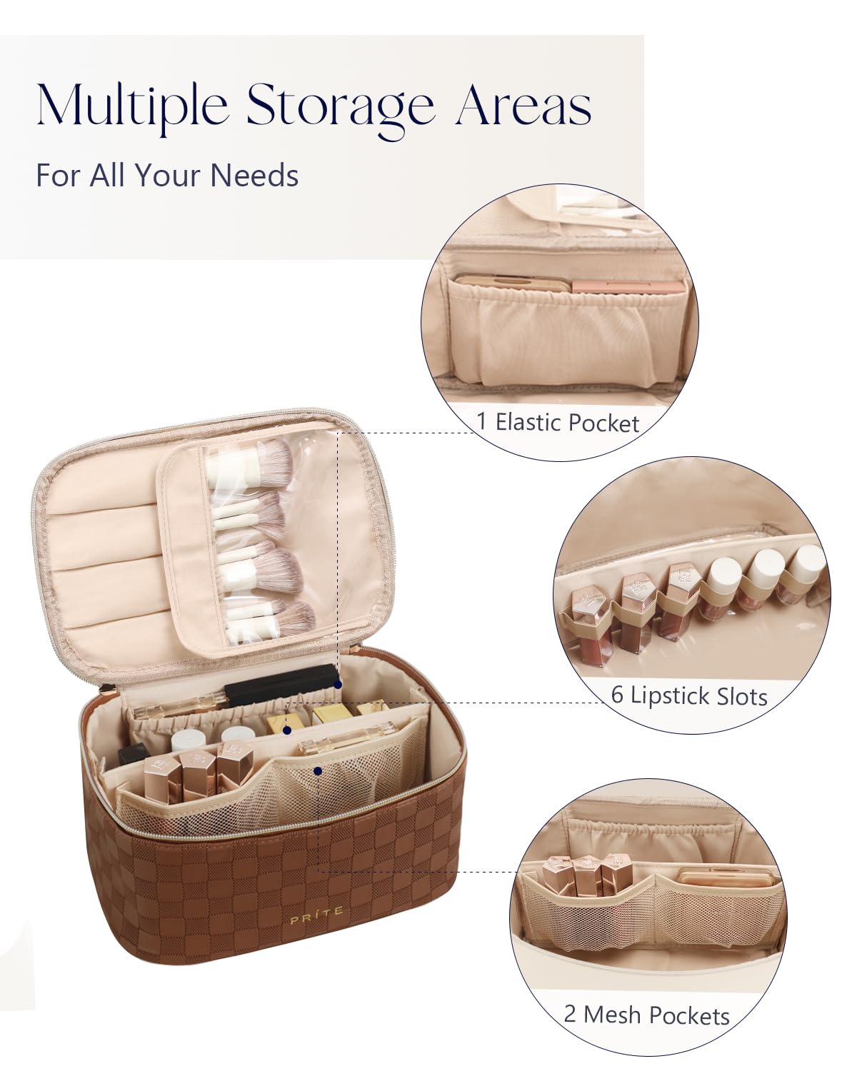 Prite Makeup Bag, Large Capacity Cosmetic Bag for Women and Girls, Waterproof PU Leather Travel Case with Handle, Divider for Skincare and Brushes - Checkered Brown