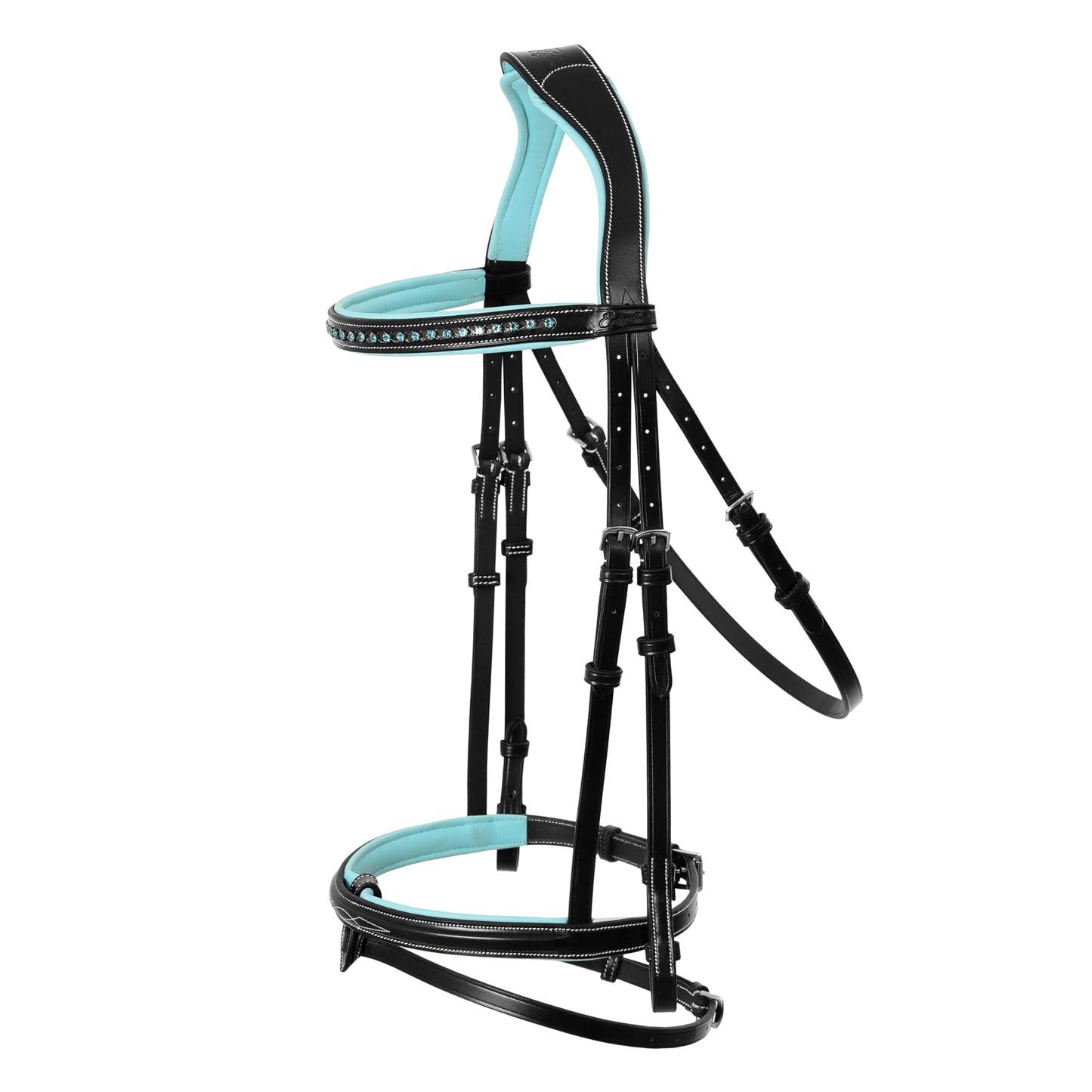 ExionPro Anatomical English Horse Bridle with Blue Crystal Bling Browband- Baby Blue Padded Jumping Bridle with Flash Noseband & Rubber Reins- Comfort Crown - Black or Havana Brown - Full