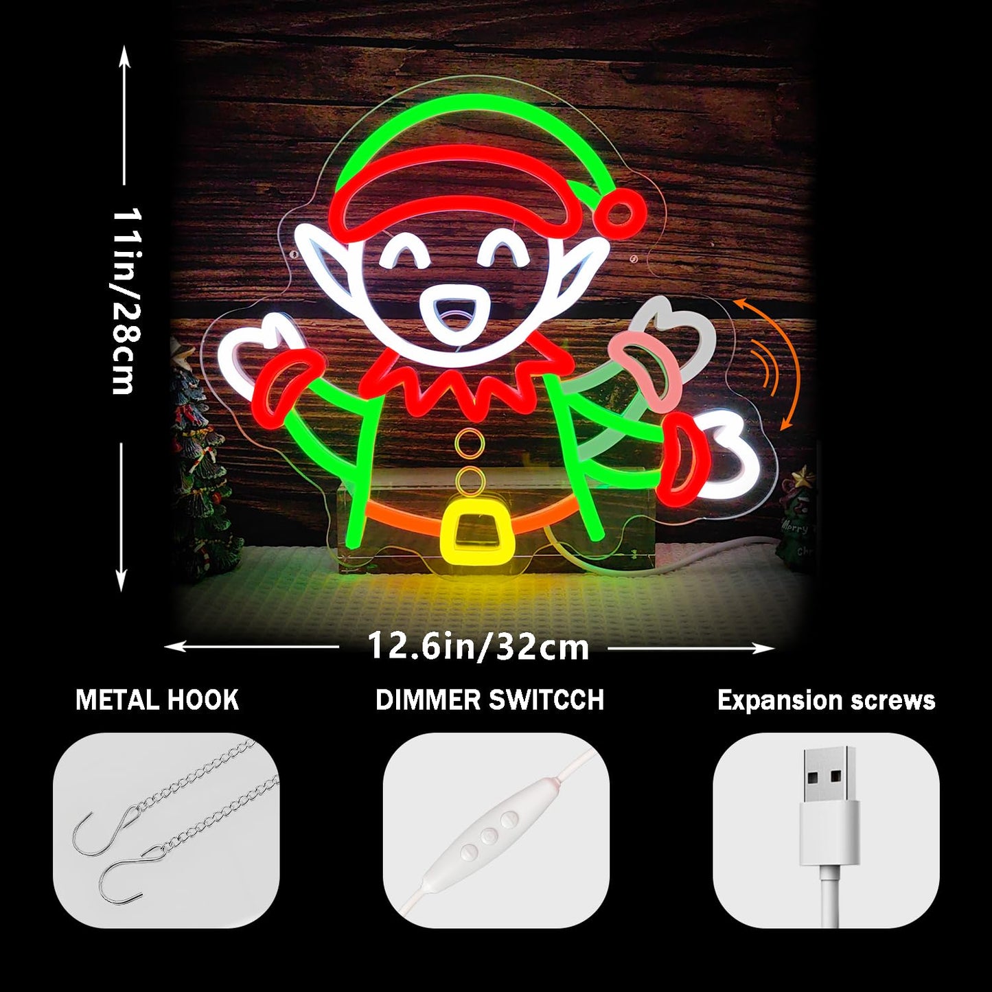 Elf Waving Christmas Neon Sign Elf Neon Sign Dimmable Christmas Led Sign for Wall Decor christmas Neon Window Lights for Holiday Party Bedroom Living Room Window Gifts