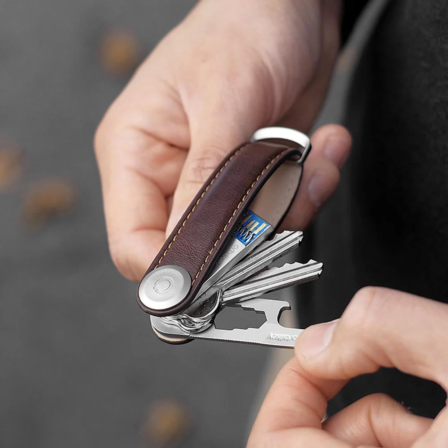 orbitkey Leather Key Organizer | Durable, Stainless Steel Locking Mechanism, Slim & Quiet Profile | Holds up to 7 Keys, Espresso with Brown Stitching
