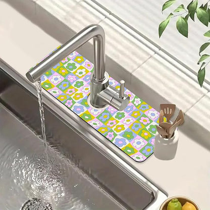 Cute Flowers Kitchen Sink Splash Guard Faucet Mat Retro Floral Super Absorbent