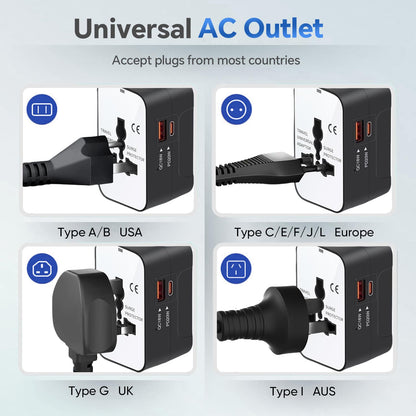 Universal Travel Adapter Worldwide, GaN Fast Charging with PD 3.0 USB-C & USB-A Quick Charge Ports, All-in-One International Power Plug Adapter Converter AC Wall Charger for Europe USA UK AUS Black