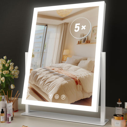 Lighted Makeup Mirror, 17.2"x13.6" Hollywood Vanity Mirror with Lights, Three Color Modes, Smart Touch Control, 360°Rotation,with 5X Magnifying Glass