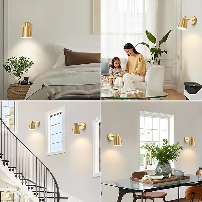 2 Pack Gold Wireless Battery Operated Wall Sconces, Dimmable Battery Powered Wall Decor Set of 2, Cordless Indoor Wall Light Lamp with Remote Control for Bedroom Living Room