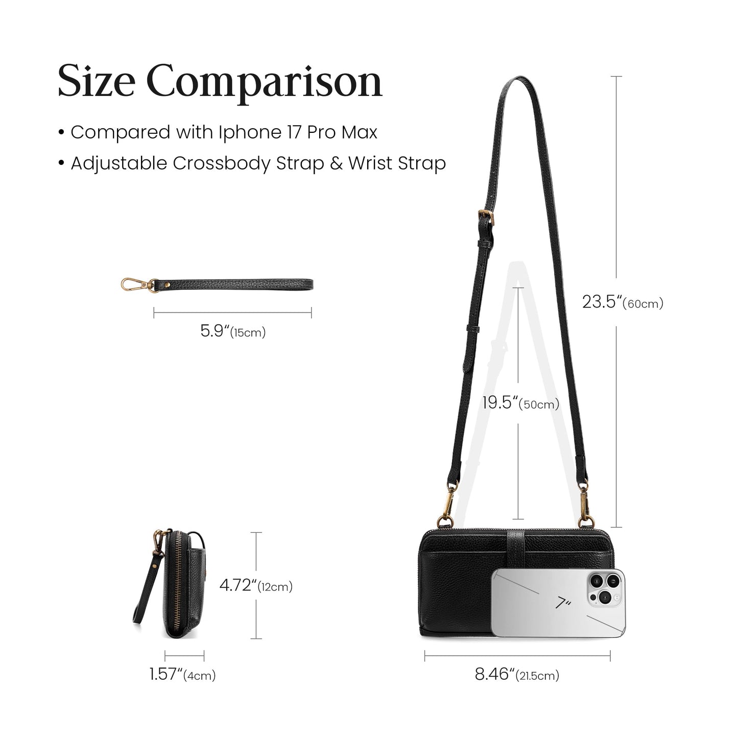 befen Genuine Leather Wristlet Wallets for Women, Black Cell Phone Purse with Built in Wallet Soft Real Leather Crossbody Bag with RFID Blocking Travel Small Cluth Purse with Wrist and Crossbody Strap