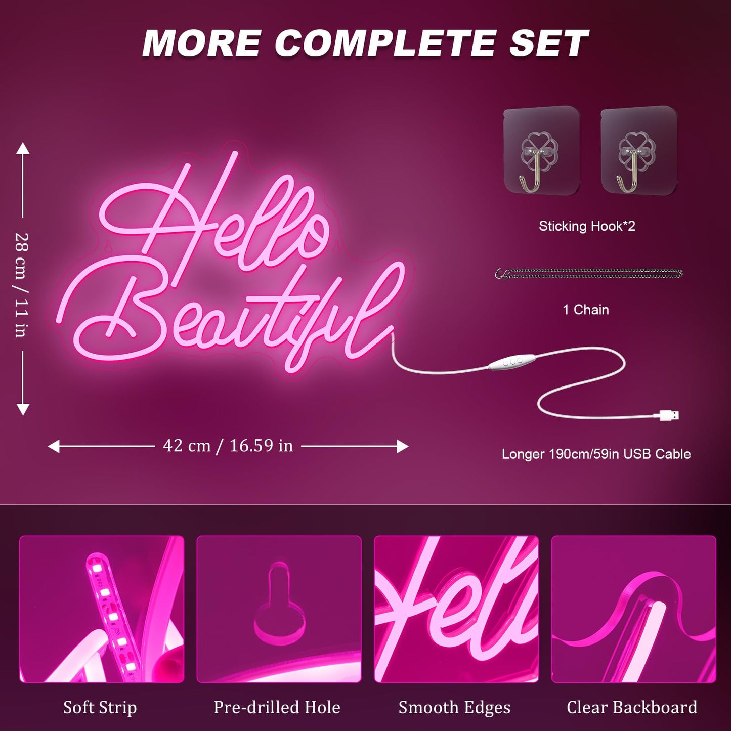 Looklight Hello Beautiul Neon Sign Wedding Neon Lights for Wall Decor Pink Led Lights Up Connectivity Wedding Engagement Birthday Party Girls Bedroom Gifts for Lovers