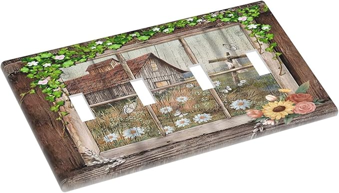 Farm Barn Farmhouse Rustic Country Flower Quad Gang Toggle Light Switch Cover 4-Gang Wall Plates Decorative Electrical Switchplate for Home Bedroom Art Decorate