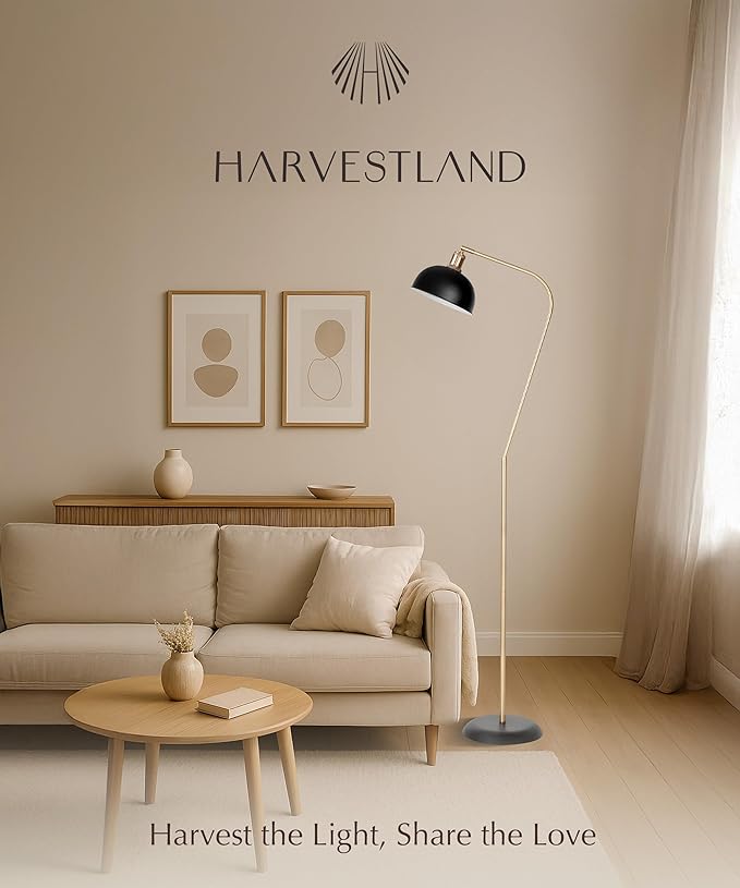 HarvestLand Halo Brass Floor Reading Lamp – Adjustable Modern Reading Light Floor Lamp with Solid Base, Reading Lamps Floor Standing, Black Stand Up Lamps for Living Room or Over Chair Use, Bedroom