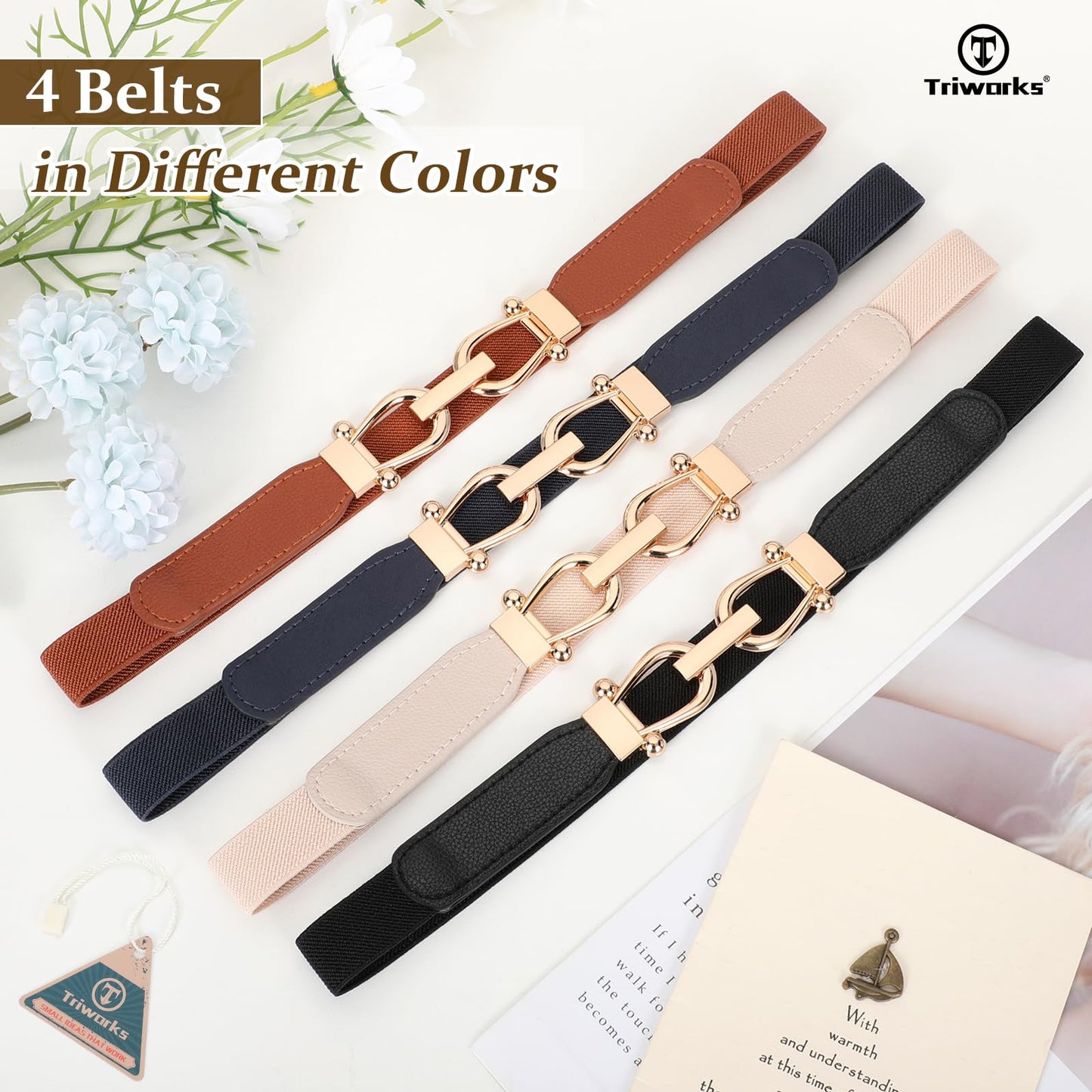 TRIWORKS 4 Pack Skinny Elastic Belts for Women Gold Buckle Thin Stretchy Waist Belts for Dresses