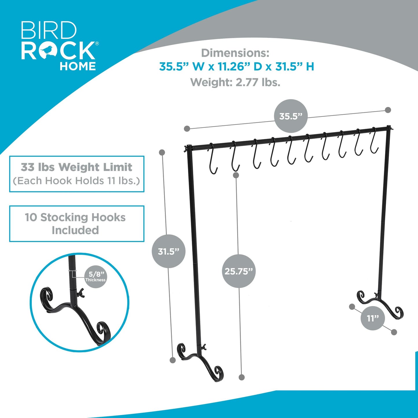 BIRDROCK Home 10-Hook Christmas Stocking Holder Stand | Lightweight Iron Metal Freestanding Rack for Holiday Decor | Versatile Stocking & Ornament Hanger Display for Home, Floor & Living Room - Black