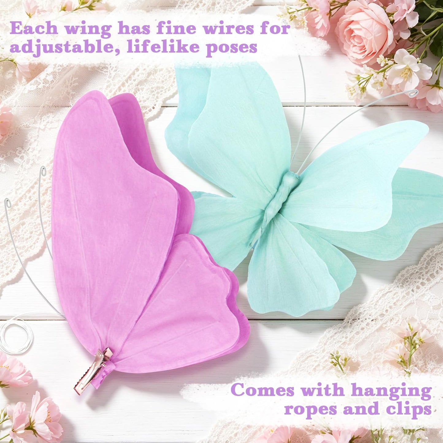 OBBOLO 3D Hanging Butterfly Decorations, Butterfly Birthday Party Decorations, 4 Pcs Crepe Paper Butterfly Hanging Decorations for Girls, Women, Flower Garden Party Decorations