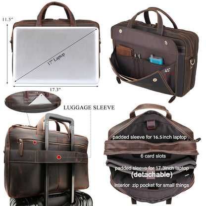 Masa Kawa Vintage Leather Briefcase for Men 17 Inch Laptop Computer Brief Case Business Travel Work Messenger Cross Body Shoulder Bags, Brown