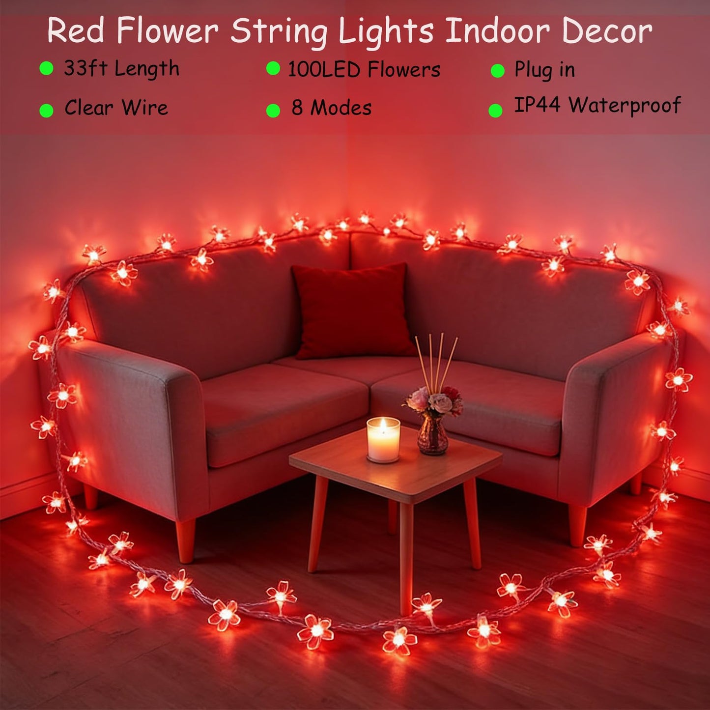100 LED Red Cherry Blossom Flowrer String Lights, 33 FT Plug in Fairy Floral Lamp with 8 Modes, Flexible Clear Wire for Bedroom Balcony Patio, Valentine's Day Christmas Indoor Outdoor Decorations