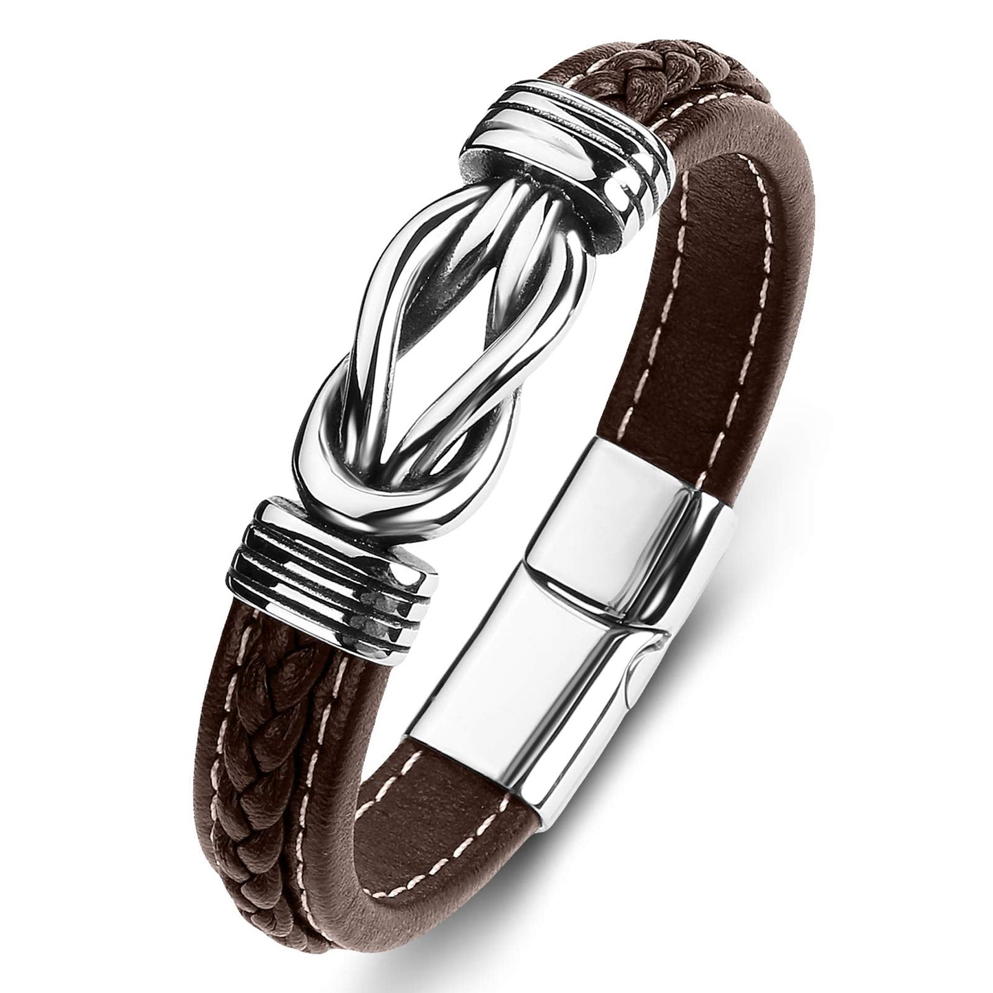 LJWVX Mens Leather Bracelet,Braided Leather Wristband Cuff Bracelets Stainless Steel Clasp,Jewellery Gift for Men Brown 8.5inch