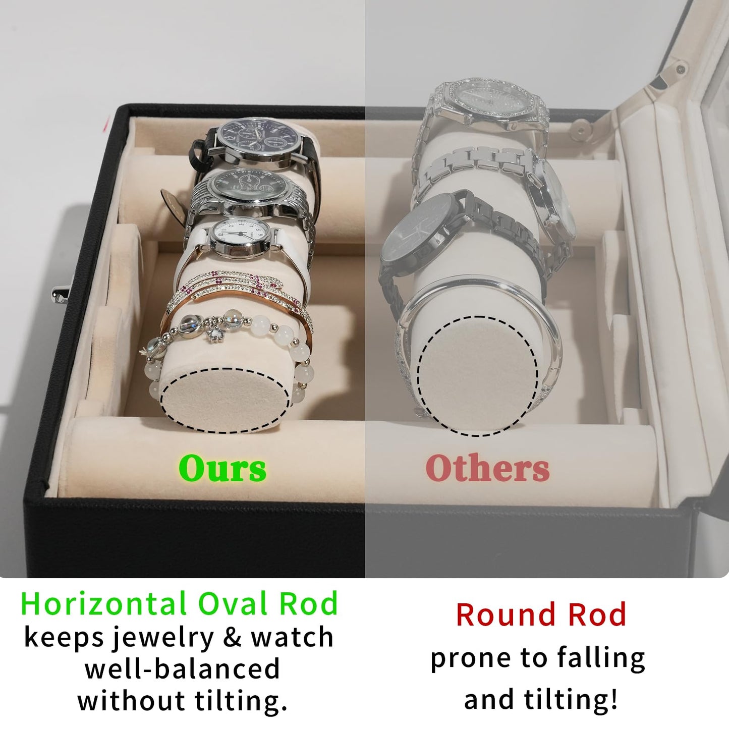 OrizeGe Jewelry Box with Glass Lid Bracelet Holder PU Leather for 4 Horizontal Rods Beige Velvet Watch Case for Women