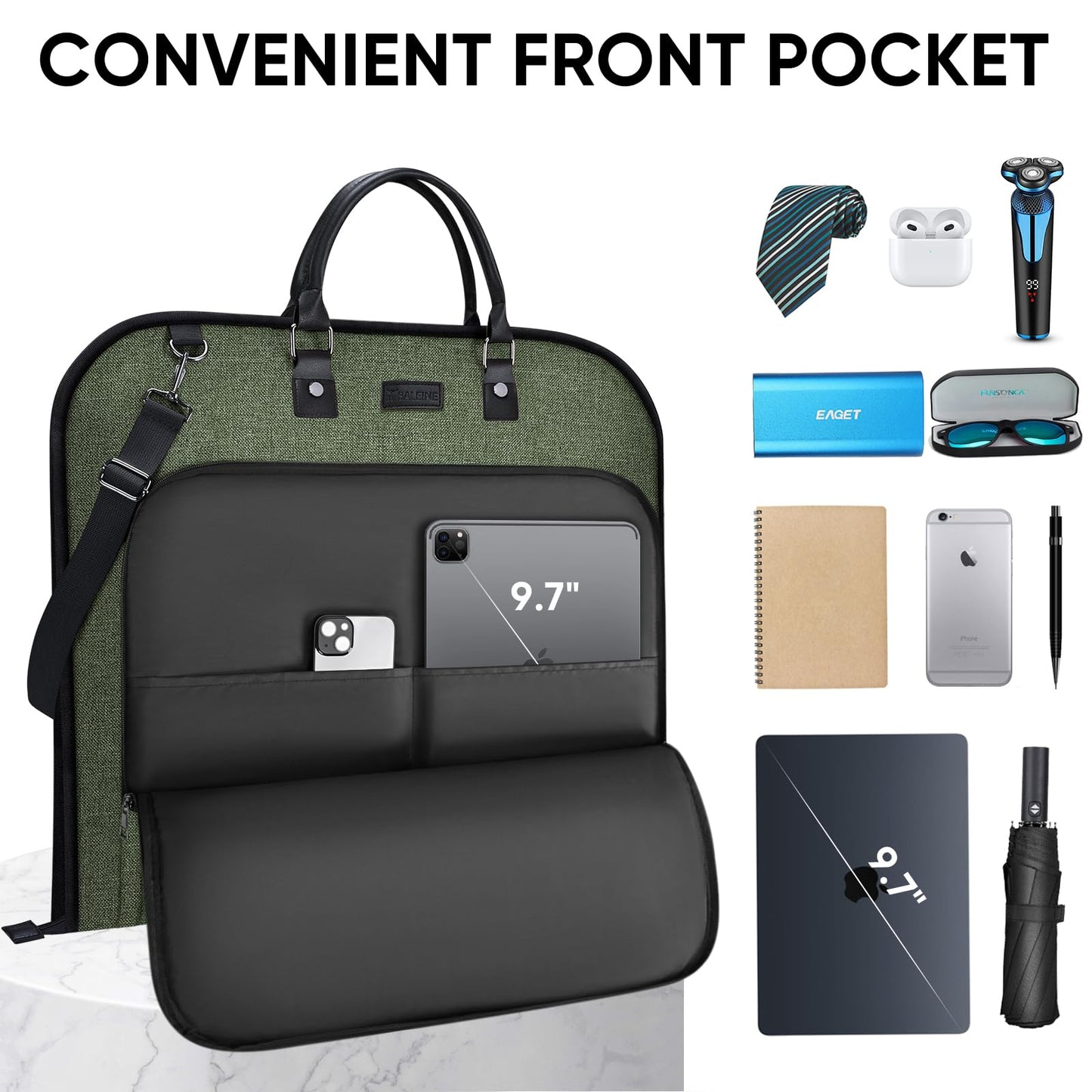 BALEINE Travel Garment Bag, Travel Suit Bag for Men, Water Resistant Carry on Garment Bag for Hanging Clothes, Garment Duffel Bag for Travel Business (Green)