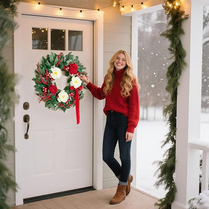 Prelit Christmas Wreaths for Front Door 24 Inch Holiday Wreath with Red Roses, White Peonies, Red Berries, Greenery & Velvet Bow Christmas Door Wreath Indoor Outdoor