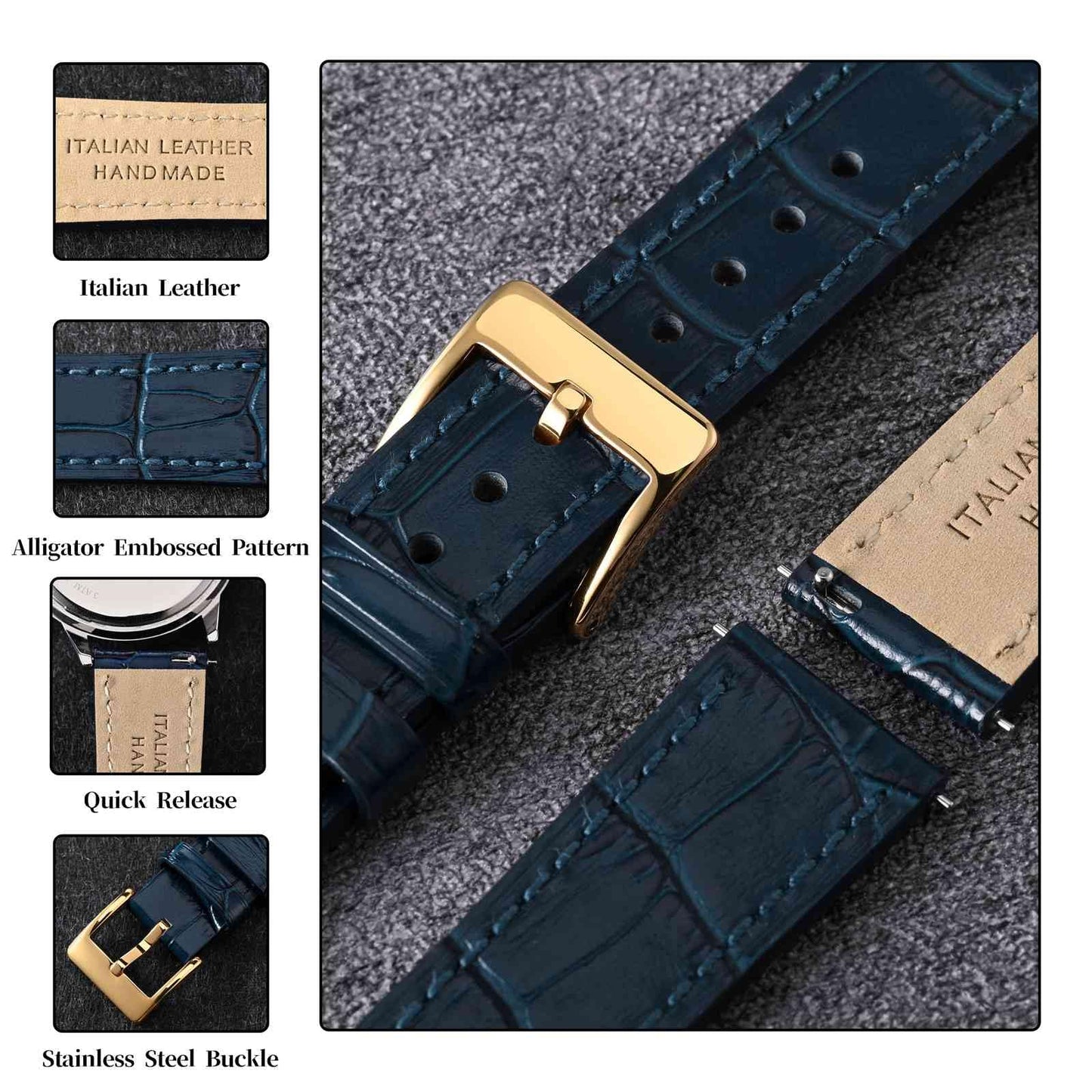 ANBEER 18mm Italian Alligator Grain Embossed Pattern Leather Watch Strap,Quick Release Calfskin Replacement Watch Band for Men Women,Dark Blue with Gold Buckle