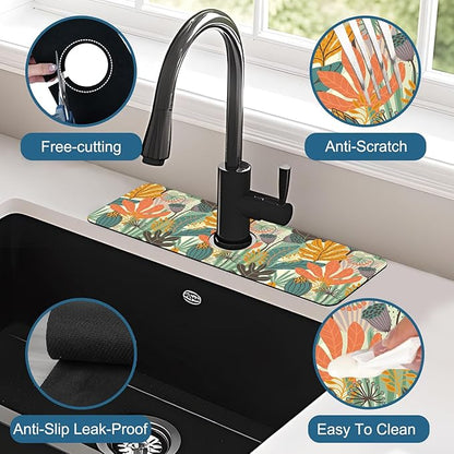 Abstract Leaves Sink Faucet Absorbing Mat Boho Leaves Super Absorbent Fast