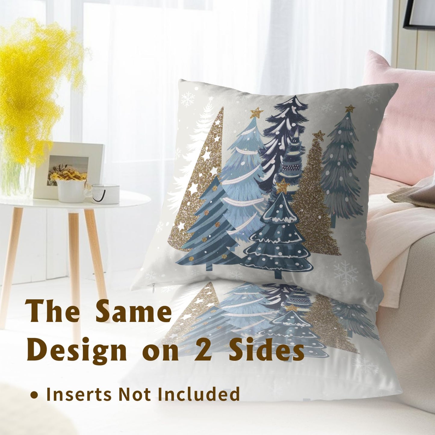 Christmas Trees Throw Pillow Covers 16x16, 2 Pcs Blue Xmas Trees Winter Pine Forest Farmhouse Decorative Pillow Cases Cushion Cover for Bed Sofa Couch Porch Outdoor Home Decor