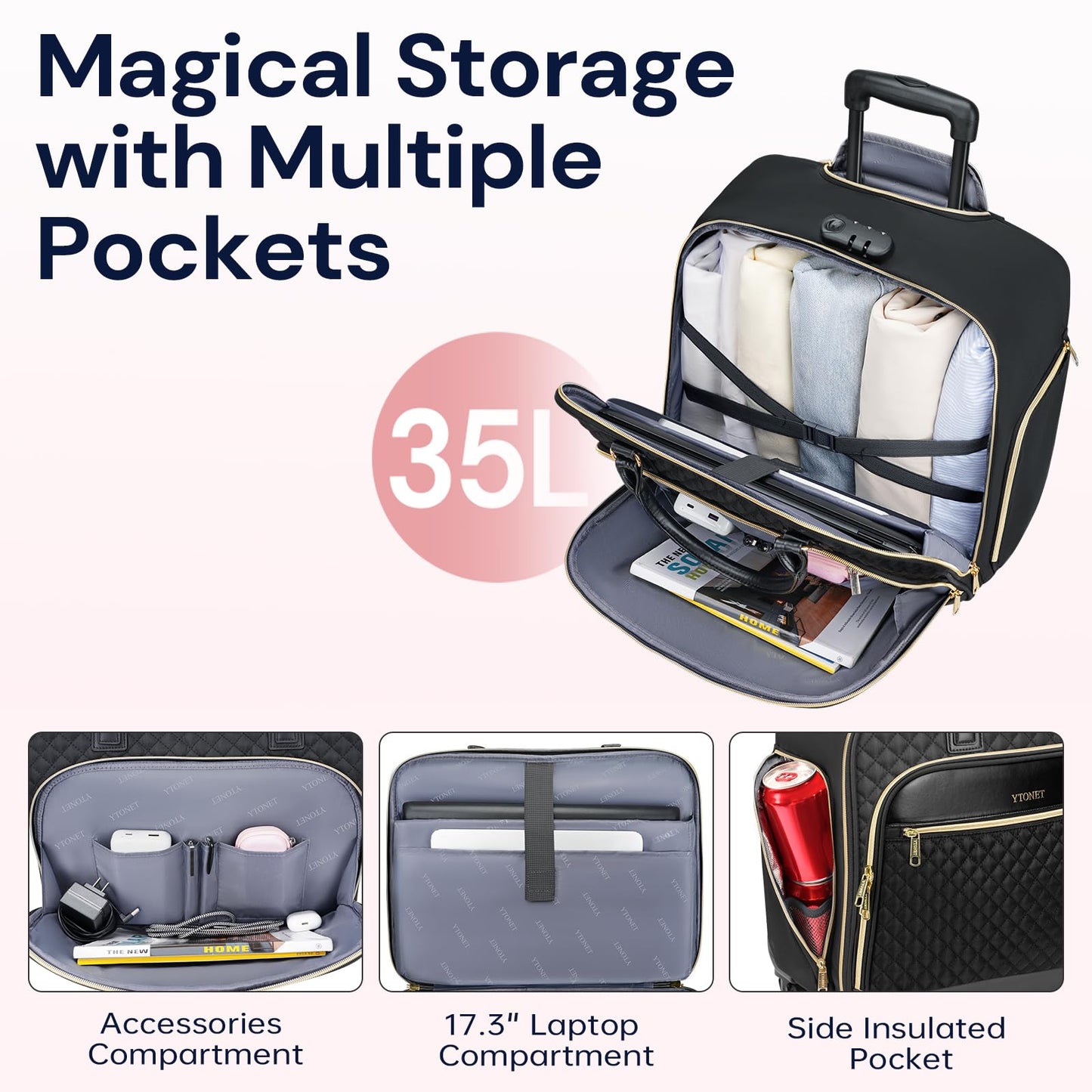 Ytonet Rolling Briefcase for Women, 17.3 Inch Rolling Laptop Bag with Lock, Water Rresistant Wheeled Computer Bag with Insulated Pocket, Roller Bags for Work Travel Overnight Teacher, Black