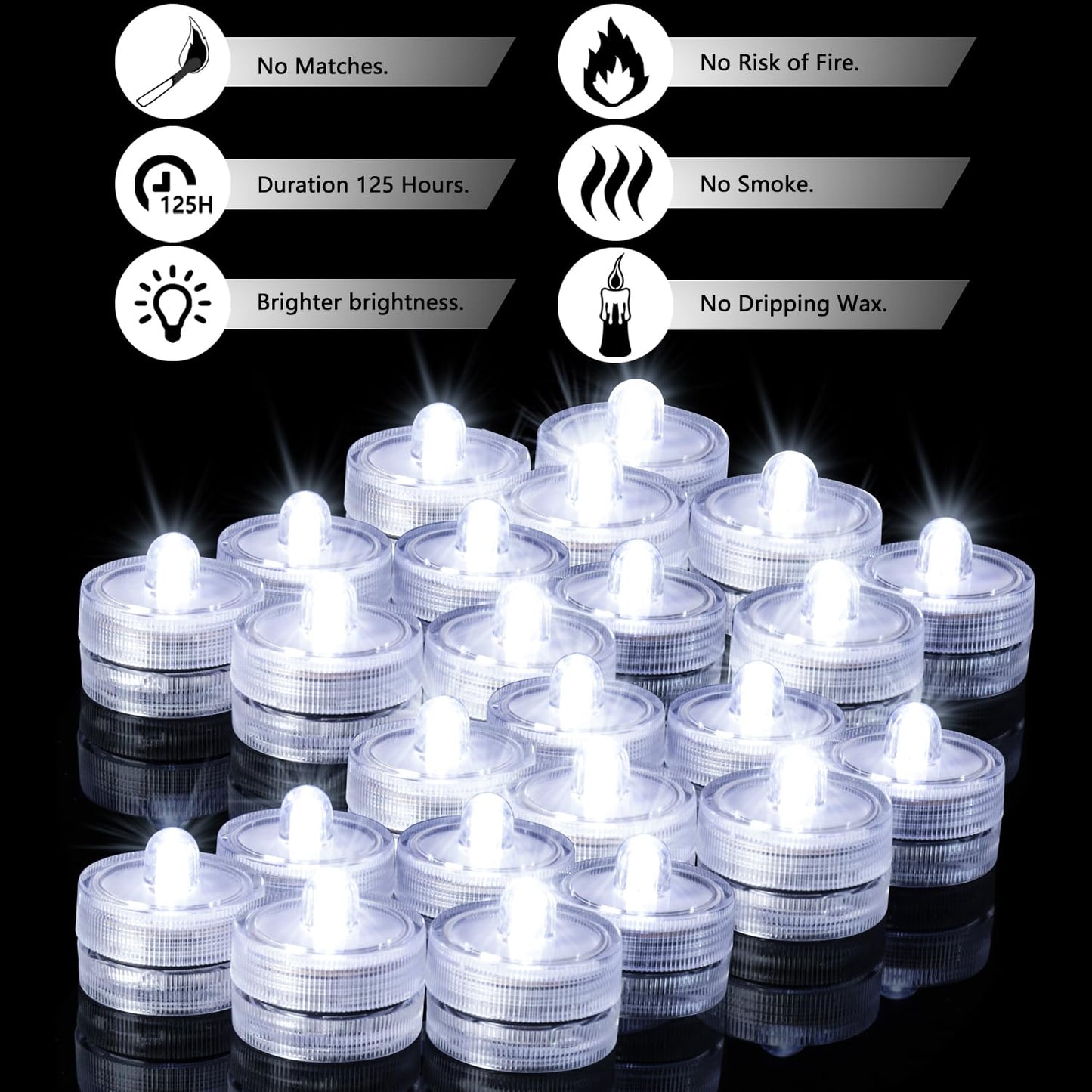 JINHEZO Submersible LED Light, Tea Lights, Pond Underwater Small LED Lights, Battery Operated 125 Hours, for Wedding Home Vase Festival Party Decoration White 24Pcs (Built-in 48 Batteries)