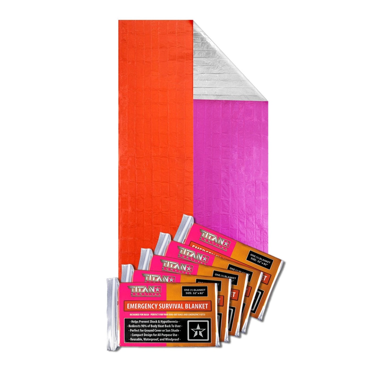 TITAN Survival XL Mylar Survival Blankets 5 Pack 70” x 90” - 90% Heat Retention & Waterproof Design - Emergency Blanket Cold Weather Protection & Survival Kits - Durable Space Blanket for Outdoor Use
