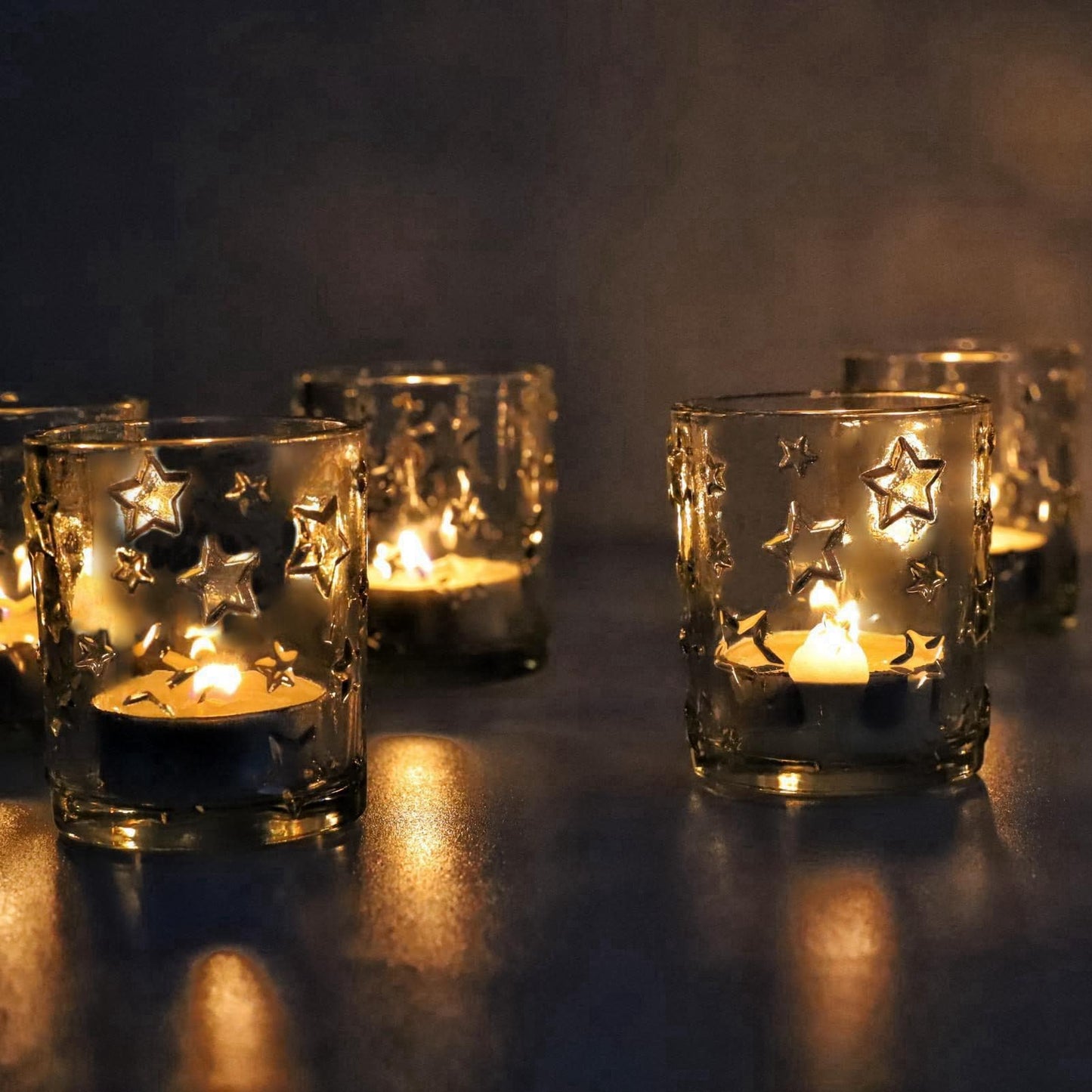 VOHO Votive Candle Holders Bulk Sparkle Stars Design for Centerpiece Table Decorations, Clear Tea Lights Candle Holder Set of 12 for Christmas Themed Party, Baby Shower, Wedding