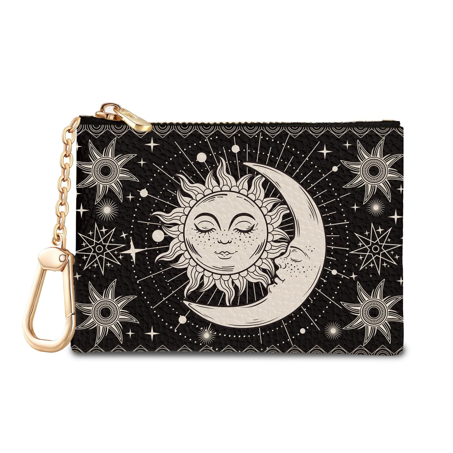 Sukyerios Sun Moon Keychain Coin Purse for Women, Small PU Leather Change Pouch, Zipper Little Tiny Travel Wallet for Girls, Cute Kawaii Zip Pocket Coin Holder with Key Ring
