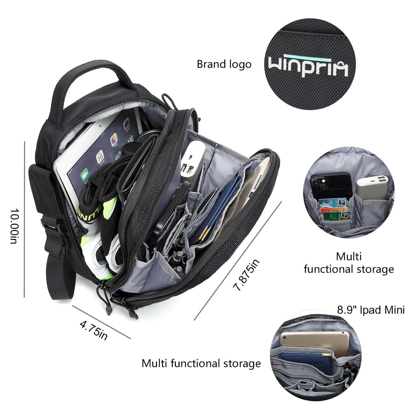 WINPRIM Small Crossbody Bag for Men & Women, Mini Messenger Shoulder Bag for Travel, Phone & Passport, Water-Resistant Canvas Satchel for Everyday Use, 10.4'' x 4.7'' x 7.8''